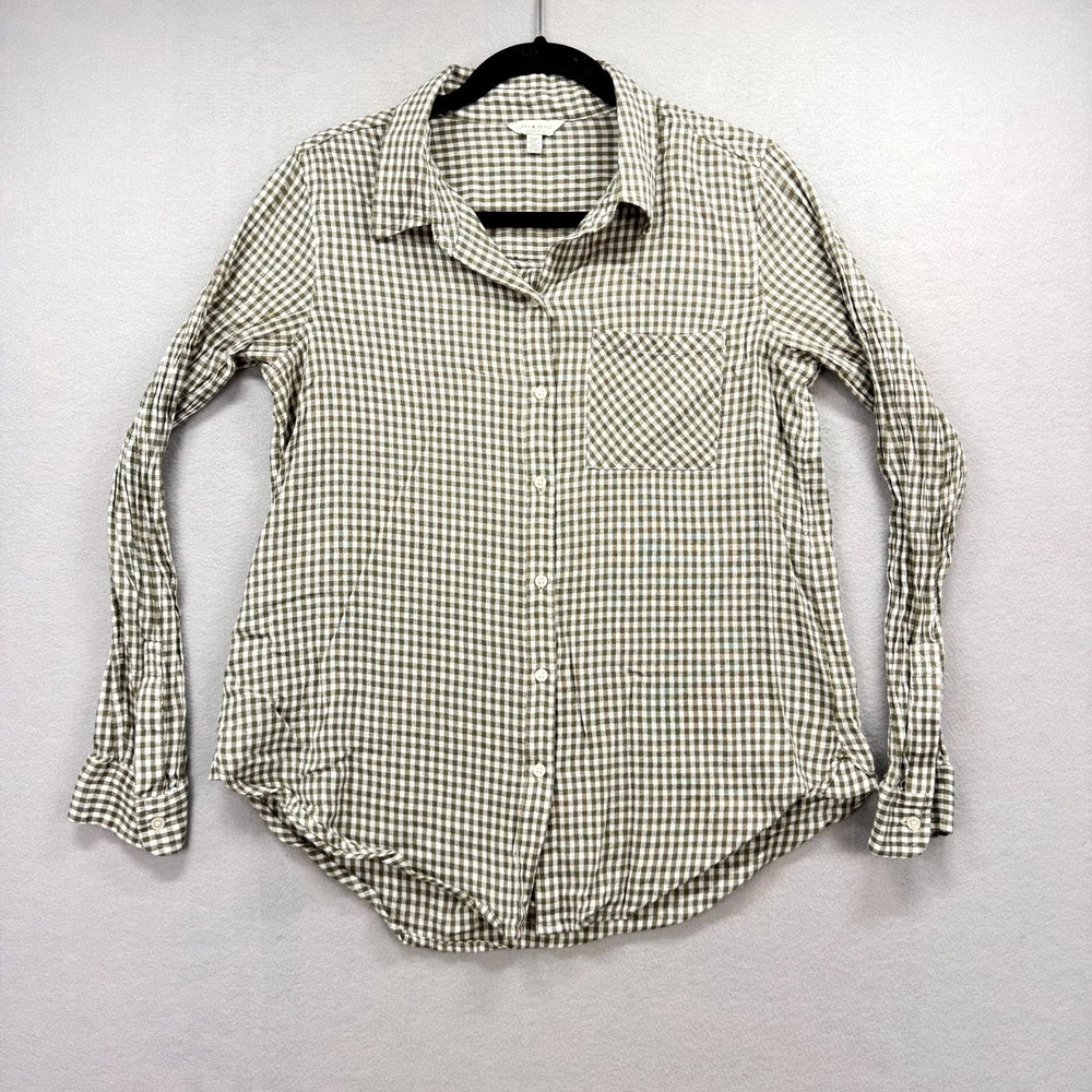 Lucky Brand Shirt Top Women Small White Green Gingham Classic Collared Button Up